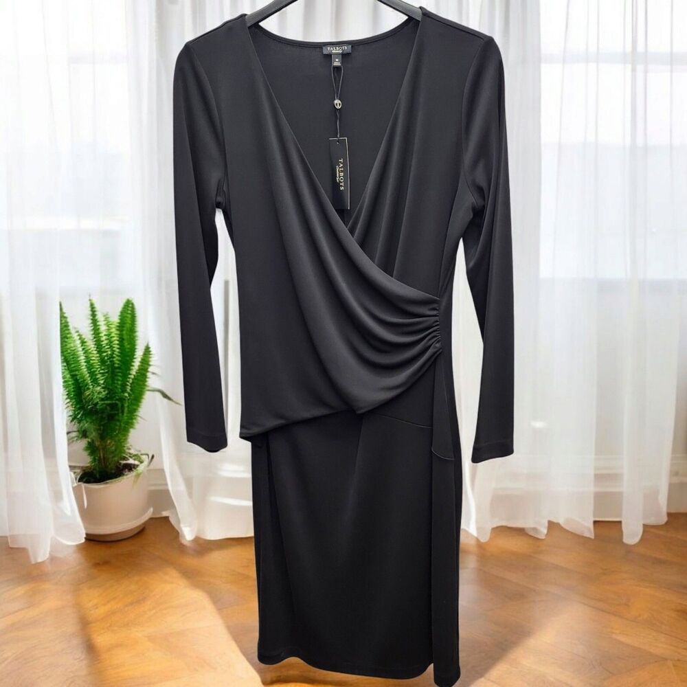 Talbots Faux Wrap Sheath Dress Womens Medium Black Side Ruched Minimalist Glam